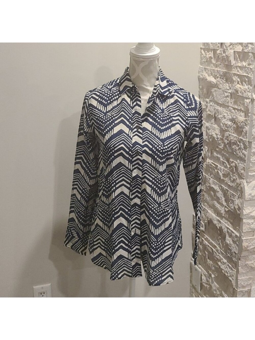 J Crew Boy pattern cotton and silk button up blouse blue & white